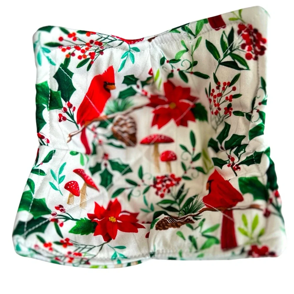 HAND CRAFTED Colorful Cotton Fabric Red Cardinals Fabric Trinket Basket Bowl